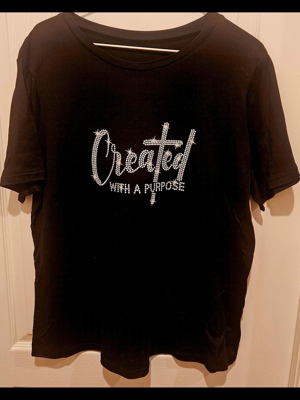 SHEIN Black Short Sleeve Tee with 'Created With A Purpose' Rhinestone Script